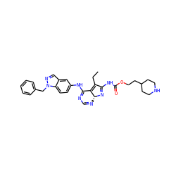 CCC1=C2C(Nc3ccc4c(cnn4Cc4ccccc4)c3)=NC=N[C@H]2N=C1NC(=O)OCCC1CCNCC1 ZINC000049710324