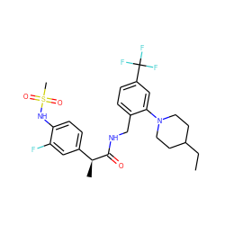 CCC1CCN(c2cc(C(F)(F)F)ccc2CNC(=O)[C@@H](C)c2ccc(NS(C)(=O)=O)c(F)c2)CC1 ZINC000145666896