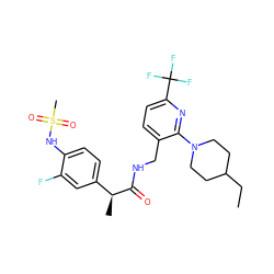 CCC1CCN(c2nc(C(F)(F)F)ccc2CNC(=O)[C@@H](C)c2ccc(NS(C)(=O)=O)c(F)c2)CC1 ZINC000095578663