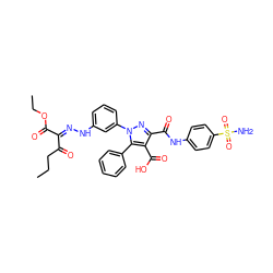 CCCC(=O)/C(=N\Nc1cccc(-n2nc(C(=O)Nc3ccc(S(N)(=O)=O)cc3)c(C(=O)O)c2-c2ccccc2)c1)C(=O)OCC ZINC000095598059