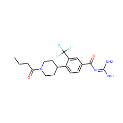 CCCC(=O)N1CCC(c2ccc(C(=O)N=C(N)N)cc2C(F)(F)F)CC1 ZINC000095555111