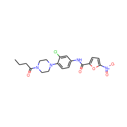 CCCC(=O)N1CCN(c2ccc(NC(=O)c3ccc([N+](=O)[O-])o3)cc2Cl)CC1 ZINC000004412876