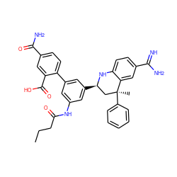 CCCC(=O)Nc1cc(-c2ccc(C(N)=O)cc2C(=O)O)cc([C@@H]2C[C@](C)(c3ccccc3)c3cc(C(=N)N)ccc3N2)c1 ZINC000103241015