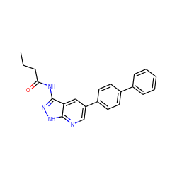 CCCC(=O)Nc1n[nH]c2ncc(-c3ccc(-c4ccccc4)cc3)cc12 ZINC000013489650