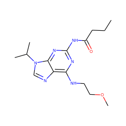 CCCC(=O)Nc1nc(NCCOC)c2ncn(C(C)C)c2n1 ZINC000028642169