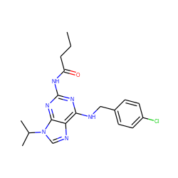 CCCC(=O)Nc1nc(NCc2ccc(Cl)cc2)c2ncn(C(C)C)c2n1 ZINC000028641612