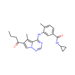 CCCC(=O)c1cn2ncnc(Nc3cc(C(=O)NC4CC4)ccc3C)c2c1C ZINC000072175891