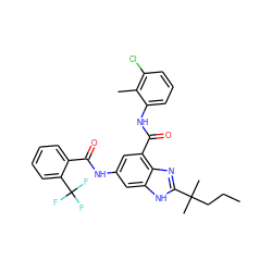 CCCC(C)(C)c1nc2c(C(=O)Nc3cccc(Cl)c3C)cc(NC(=O)c3ccccc3C(F)(F)F)cc2[nH]1 ZINC000218694737