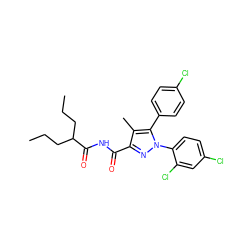 CCCC(CCC)C(=O)NC(=O)c1nn(-c2ccc(Cl)cc2Cl)c(-c2ccc(Cl)cc2)c1C ZINC000040411523