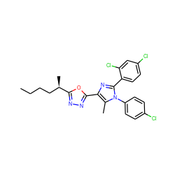 CCCC[C@@H](C)c1nnc(-c2nc(-c3ccc(Cl)cc3Cl)n(-c3ccc(Cl)cc3)c2C)o1 ZINC000040864141