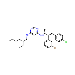 CCCC[C@@H](CC)CNc1cc(N[C@@H](C)[C@@H](Cc2ccc(Cl)cc2)c2cccc(Br)c2)ncn1 ZINC000043066357