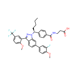 CCCC[C@@H](c1ccc(C(=O)NCCC(=O)O)cc1)n1nc(-c2cc(C(F)(F)F)ccc2OC)c2ccc(-c3ccc(OC)c(F)c3)cc21 ZINC000473086394