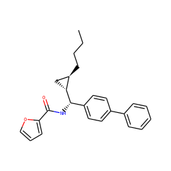 CCCC[C@@H]1C[C@H]1[C@@H](NC(=O)c1ccco1)c1ccc(-c2ccccc2)cc1 ZINC000005978529