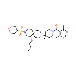 CCCC[C@@H]1CN(S(=O)(=O)C2CCOCC2)CCC12CCN(C1(C)CCN(C(=O)c3c(C)ncnc3C)CC1)CC2 ZINC000044352481