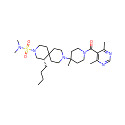 CCCC[C@@H]1CN(S(=O)(=O)N(C)C)CCC12CCN(C1(C)CCN(C(=O)c3c(C)ncnc3C)CC1)CC2 ZINC000042888200