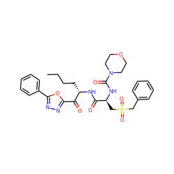 CCCC[C@H](NC(=O)[C@H](CS(=O)(=O)Cc1ccccc1)NC(=O)N1CCOCC1)C(=O)c1nnc(-c2ccccc2)o1 ZINC000029125309