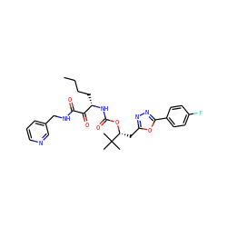 CCCC[C@H](NC(=O)O[C@H](Cc1nnc(-c2ccc(F)cc2)o1)C(C)(C)C)C(=O)C(=O)NCc1cccnc1 ZINC000028469557