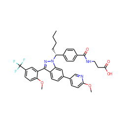 CCCC[C@H](c1ccc(C(=O)NCCC(=O)O)cc1)n1nc(-c2cc(C(F)(F)F)ccc2OC)c2ccc(-c3ccc(OC)nc3)cc21 ZINC000473091474