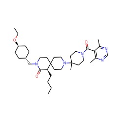 CCCC[C@H]1C(=O)N(C[C@H]2CC[C@H](OCC)CC2)CCC12CCN(C1(C)CCN(C(=O)c3c(C)ncnc3C)CC1)CC2 ZINC000261159331