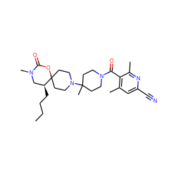 CCCC[C@H]1CN(C)C(=O)OC12CCN(C1(C)CCN(C(=O)c3c(C)cc(C#N)nc3C)CC1)CC2 ZINC000049015278