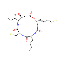 CCCC[C@H]1NC(=O)C[C@@H](/C=C/CCS)OC(=O)C[C@H](O)[C@@H]([C@@H](C)CC)NC(=O)[C@@H](CS)NC1=O ZINC000072123426