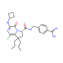 CCCC1(CCC)C[C@@H](C(=O)NCc2ccc(C(=N)N)cc2)n2c1c(Cl)nc(NC1CCC1)c2=O ZINC000038912638