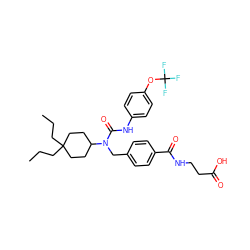 CCCC1(CCC)CCC(N(Cc2ccc(C(=O)NCCC(=O)O)cc2)C(=O)Nc2ccc(OC(F)(F)F)cc2)CC1 ZINC000036351407