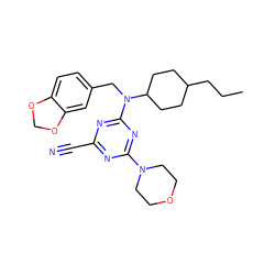 CCCC1CCC(N(Cc2ccc3c(c2)OCO3)c2nc(C#N)nc(N3CCOCC3)n2)CC1 ZINC000096928157