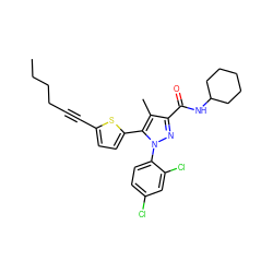 CCCCC#Cc1ccc(-c2c(C)c(C(=O)NC3CCCCC3)nn2-c2ccc(Cl)cc2Cl)s1 ZINC000040429267