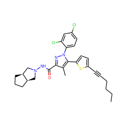 CCCCC#Cc1ccc(-c2c(C)c(C(=O)NN3C[C@H]4CCC[C@H]4C3)nn2-c2ccc(Cl)cc2Cl)s1 ZINC000044386552