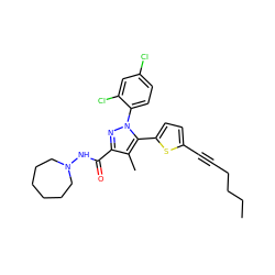 CCCCC#Cc1ccc(-c2c(C)c(C(=O)NN3CCCCCC3)nn2-c2ccc(Cl)cc2Cl)s1 ZINC000040957008