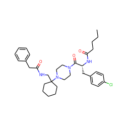 CCCCC(=O)N[C@H](Cc1ccc(Cl)cc1)C(=O)N1CCN(C2(CNC(=O)Cc3ccccc3)CCCCC2)CC1 ZINC000096903404