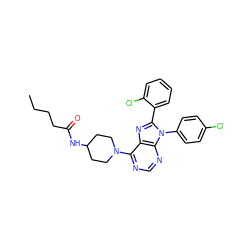 CCCCC(=O)NC1CCN(c2ncnc3c2nc(-c2ccccc2Cl)n3-c2ccc(Cl)cc2)CC1 ZINC000096937552