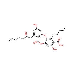 CCCCCC(=O)Cc1cc(O)cc2c1C(=O)Oc1cc(O)c(C(=O)O)c(CCCCC)c1O2 ZINC000001687300