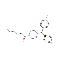 CCCCCC(=O)N1CCN(C(c2ccc(Cl)cc2)c2ccc(Cl)cc2)CC1 ZINC000040423799