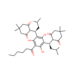 CCCCCC(=O)c1c(O)c([C@H](CC(C)C)C2C(=O)CC(C)(C)CC2=O)c(O)c([C@H](CC(C)C)C2C(=O)CC(C)(C)CC2=O)c1O ZINC000473129611