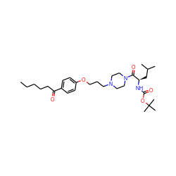 CCCCCC(=O)c1ccc(OCCCN2CCN(C(=O)[C@@H](CC(C)C)NC(=O)OC(C)(C)C)CC2)cc1 ZINC000013444741