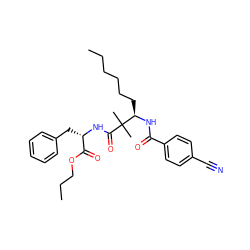 CCCCCC[C@@H](NC(=O)c1ccc(C#N)cc1)C(C)(C)C(=O)N[C@@H](Cc1ccccc1)C(=O)OCCC ZINC000013782764