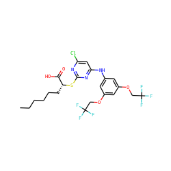 CCCCCC[C@@H](Sc1nc(Cl)cc(Nc2cc(OCC(F)(F)F)cc(OCC(F)(F)F)c2)n1)C(=O)O ZINC000044359804