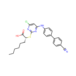 CCCCCC[C@@H](Sc1nc(Cl)cc(Nc2ccc(-c3ccc(C#N)cc3)cc2)n1)C(=O)O ZINC000040847903