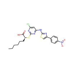 CCCCCC[C@H](Sc1nc(Cl)cc(Nc2nc(-c3ccc([N+](=O)[O-])cc3)cs2)n1)C(=O)O ZINC000103250164