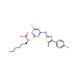 CCCCCC[C@H](Sc1nc(Cl)cc(Nc2nc(-c3ccc(Br)cc3)c(C)s2)n1)C(=O)O ZINC000103250213