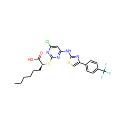 CCCCCC[C@H](Sc1nc(Cl)cc(Nc2nc(-c3ccc(C(F)(F)F)cc3)cs2)n1)C(=O)O ZINC000103250183