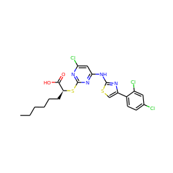 CCCCCC[C@H](Sc1nc(Cl)cc(Nc2nc(-c3ccc(Cl)cc3Cl)cs2)n1)C(=O)O ZINC000103250191