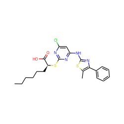 CCCCCC[C@H](Sc1nc(Cl)cc(Nc2nc(-c3ccccc3)c(C)s2)n1)C(=O)O ZINC000103250209