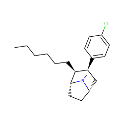 CCCCCC[C@H]1[C@@H](c2ccc(Cl)cc2)C[C@@H]2CC[C@H]1N2C ZINC000013742500