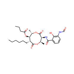 CCCCCC[C@H]1C(=O)O[C@H](C)[C@H](NC(=O)c2cccc(NC=O)c2O)C(=O)O[C@@H](C)[C@@H]1OC(=O)CCC ZINC000083920997