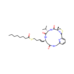 CCCCCCCC(=O)SCC/C=C/[C@@H]1CC(=O)NCc2cccc(n2)C2=N[C@@](C)(CS2)C(=O)N[C@@H](C(C)C)C(=O)N1 ZINC000473108261