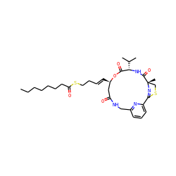 CCCCCCCC(=O)SCC/C=C/[C@@H]1CC(=O)NCc2cccc(n2)C2=N[C@@](C)(CS2)C(=O)N[C@@H](C(C)C)C(=O)O1 ZINC000473108530