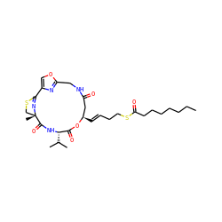 CCCCCCCC(=O)SCC/C=C/[C@@H]1CC(=O)NCc2nc(co2)C2=N[C@@](C)(CS2)C(=O)N[C@@H](C(C)C)C(=O)O1 ZINC000096285171